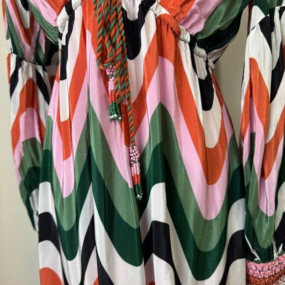 FARM Rio * Wave Gradient Maxi Dress Long Sleeve Drawstring Waist Multicolor Larg - Picture 7 of 16